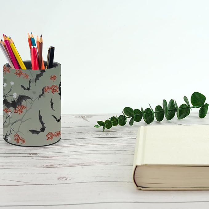 Bats Flowers Pen Holder Pencil Organizer Cute Pencil Cup Desk Decor Makeup Brush Holder PU Multifunctional Office Suppliesfor Home Classroom School