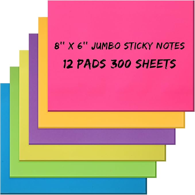 Zubebe 12 Pads 8 x 6 Inch Sticky Notes Bright Colors Sticky Pads Large Self Stick Note Pads Square Memo Post Stickies for Home Office School, 25 Sheets/Pad