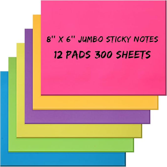 Zubebe 12 Pads 8 x 6 Inch Sticky Notes Bright Colors Sticky Pads Large Self Stick Note Pads Square Memo Post Stickies for Home Office School, 25 Sheets/Pad