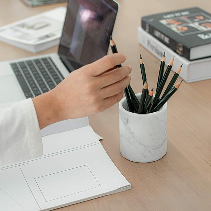 Natural Marble Pencil Pen Holder Stand for Desk, Makeup Brush Cup for Girls, Bathroom Tumbler Cup, Durable Office & Home Organizer Pencil Holder (White)