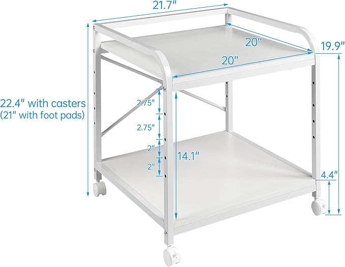20 Inches Deep Large Printer Stand, 2 Tier Under Desk Printer Table with Height Adjustable Shelf, Rolling Printer Cart with Wheels for Home Office Storage - White