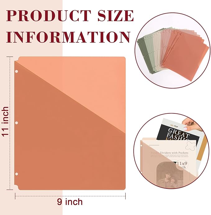 20 Pack Binder Dividers with Pockets Letter Size Clear Slash File Jacket 3 Hole Punch Plastic Document Folders for Office Home School (Color（Morandi）)