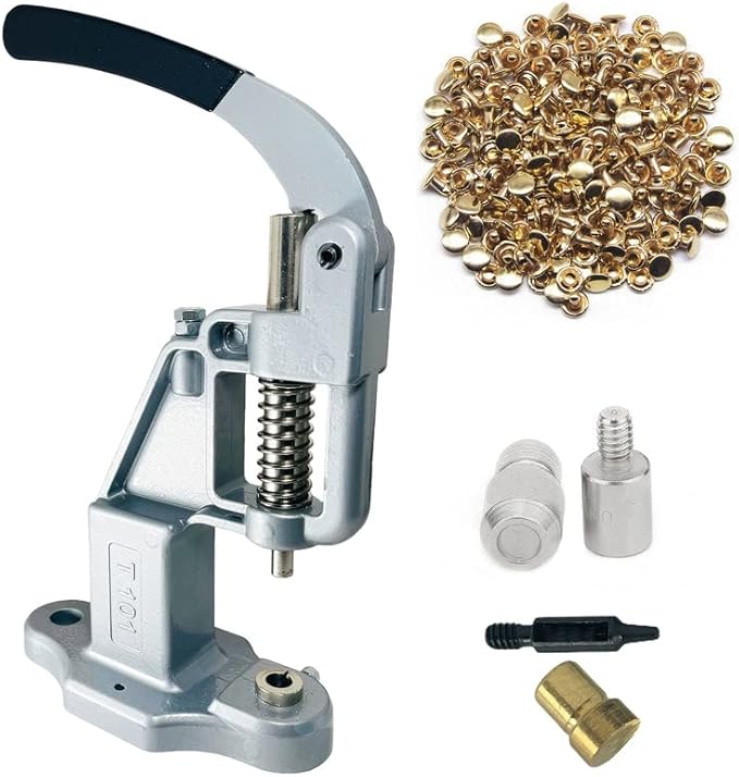 Hobby Trendy Hand Press with 1000 Sets of Iron 9mm Double Capped Rivets with Dies and Hole Punch(Silver Gray Press,Gold Rivets)