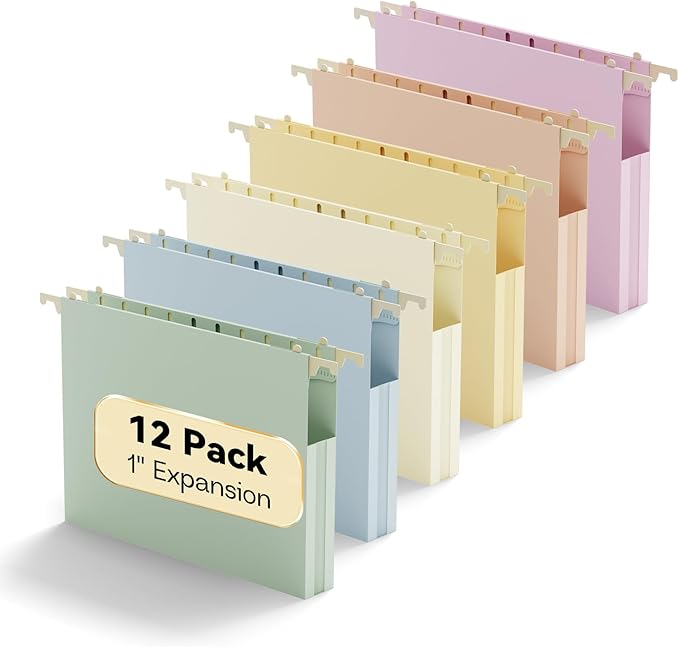 Plastic Hanging File Folders Letter Size,1 Inch Expansion,12 Pack Reinforced Heavy Duty Hanging Folders,File Cabinet Folders,Adjustable Tabs,Expandable Hanging File Folder,Pastel Color