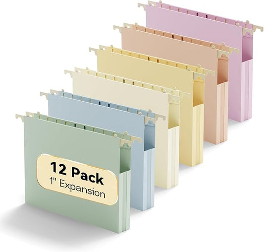 Plastic Hanging File Folders Letter Size,1 Inch Expansion,12 Pack Reinforced Heavy Duty Hanging Folders,File Cabinet Folders,Adjustable Tabs,Expandable Hanging File Folder,Pastel Color