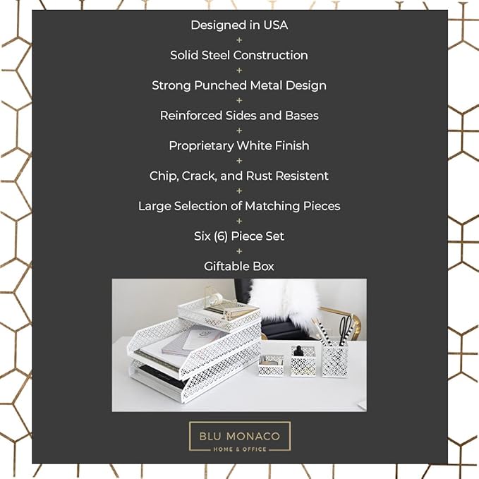 BLU MONACO White Desk Organizer Set for Women – 6-Piece Interlocking Office Supplies Set, Pen Cup, 3 Accessory Trays & 2 Letter Trays, White Paper Tray Holder