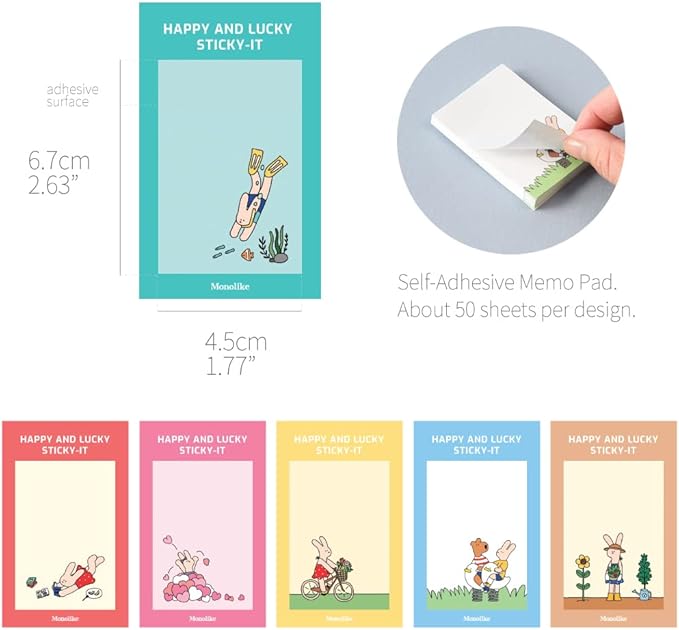 Monolike Happy and Lucky Sticky-it - 6p Set Self-Adhesive Memo Pad 50 Sheets