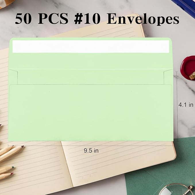 50 Pack Light Green #10 Business Envelopes, Standard Envelopes Self Seal, 4 1/8 x 9 1/2 Inch Letter Size Business Mailing Envelopes for Checks Invoices Statements Baby Shower Wedding Birthday