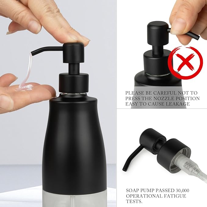 Gaussra Black Soap Dispenser with Coaster and Stickers, Dish Soap Dispenser for Kitchen, Hand Soap Dispenser for Bathroom, 304 Stainless Steel Glass Lotion Dispenser (2 Pack)
