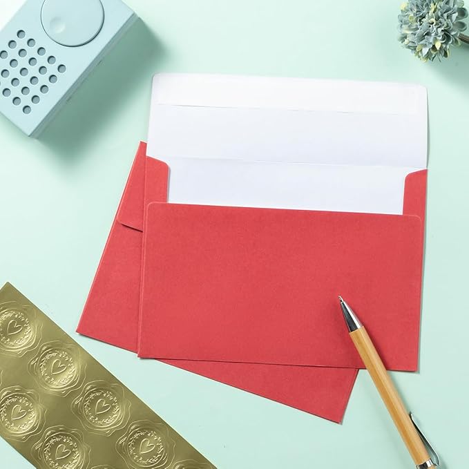 Wishop 50 Pack Shiny Self-Adhesive Envelopes with Shiny Fold Cards for Wedding Invitations, Greeting Cards, Baby Shower, Letter Mailing (Red, 5x7)