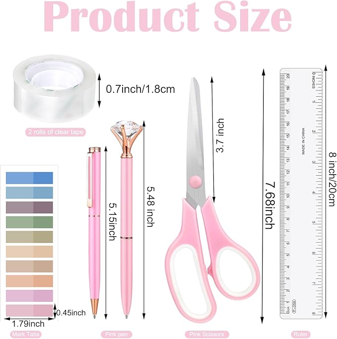 13 in 1 Pink Office Supplies, Pink Desk Accessories for Women with Stapler,Tape Dispenser,1000 Staples,Pen Holder,Staple Remover,Clips,Ruler,Scissors, Tabs,Tape,Ballpoint Pen