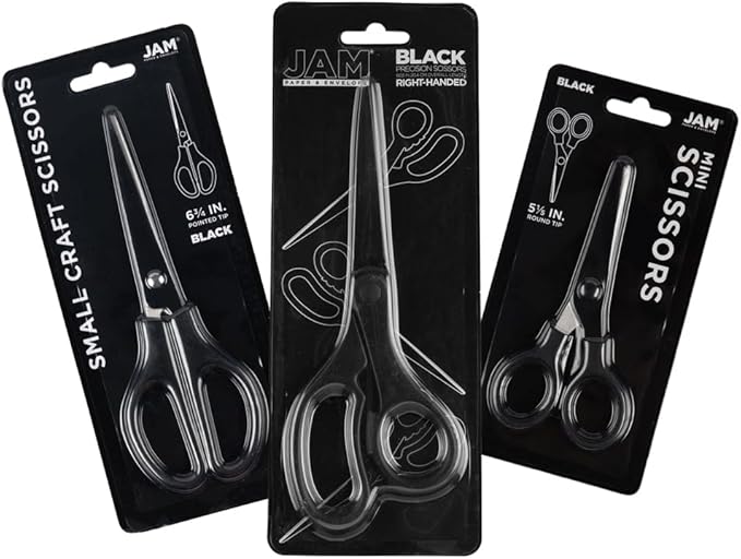 JAM PAPER Multi Purpose Scissors Set - Black - Assorted Sizes - Ergonomic Handle & Stainless Steel Pointed Tip Blades - 3/Pack