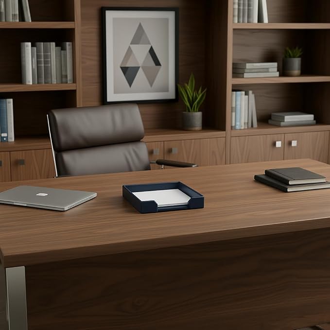 Dacasso Navy Blue Bonded Leather Luxury Letter Tray Holder & Paper Organizer for Desk - Executive Desk Decor & Office Organization Essential