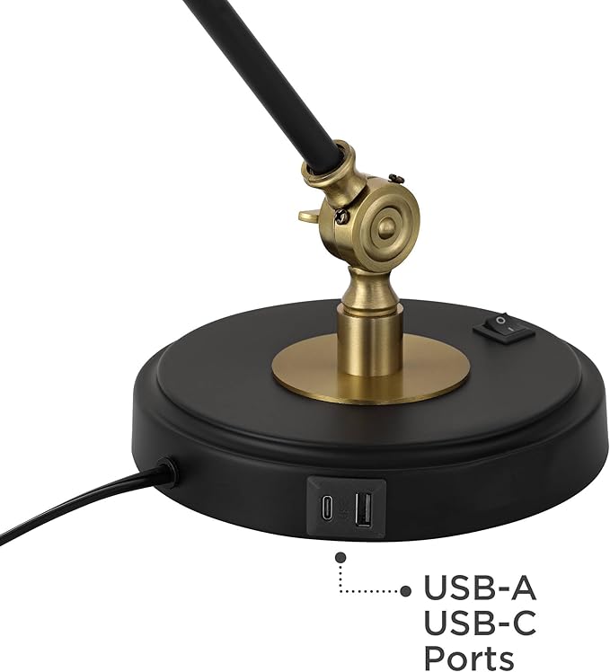 360 Lighting Wray 26 3/4" High Modern Adjustable Desk Lamp with USB Charging Ports A+C Painted Black Brass Metal Cone Shade for Living Room Bedroom House Bedside Nightstand Home Office Reading