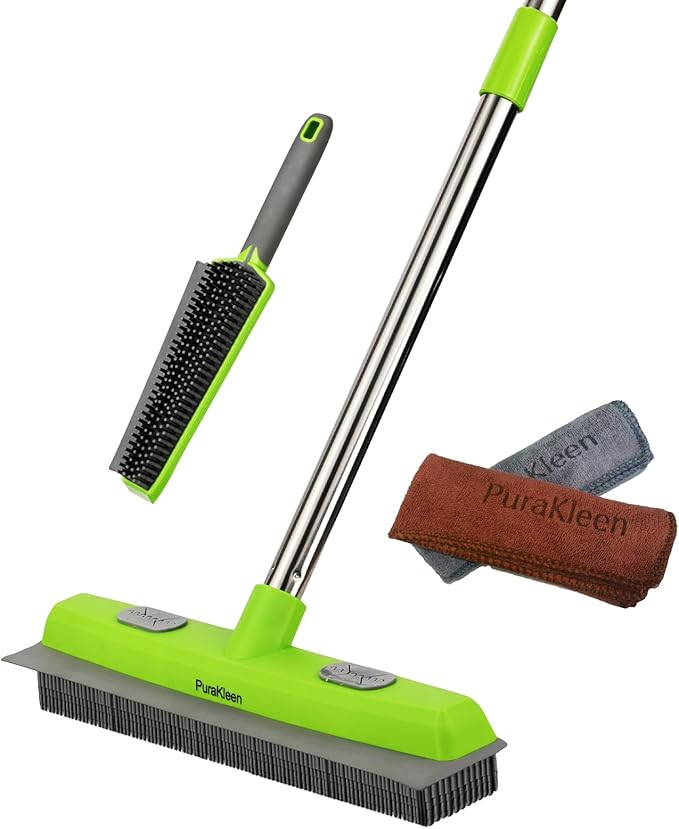 PuraKleen Carpet Rake for Pet Hair Removal with 61" Long Handle, 2 Microfiber Clothes, Squeegee & Pet Silicone Brush,4 in 1 Green Multi-Surface Hair Remover for Rugs,Carpets,Floors, Tiles, Couches