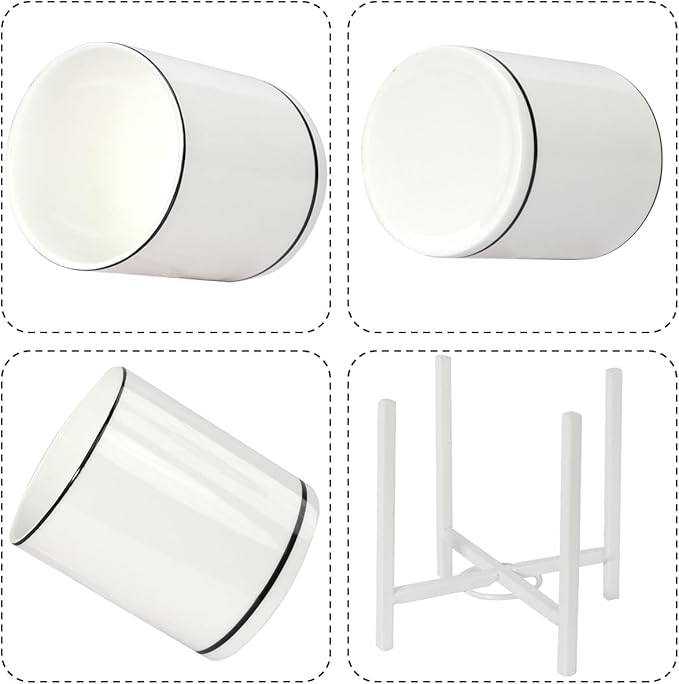 Desk Ceramic Pencil Cup with Metal Legs, Ceramic Pencil Cup, Black and White Pen Holder Cup for Office, Desk Decor for Women Girls, Cute Makeup Brushes Holder