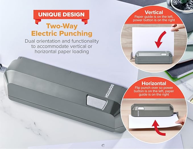 Bostitch Office Electric 3-Hole Punch, Dual Paper Loading, Heavy Duty, Jam-Free 20 Sheet Capacity, AC Adapter or Battery Powered, Space Saving, Grey, (EHP20-GRY)
