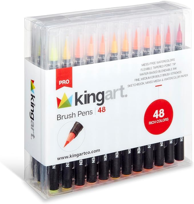 KINGART Pro Brush Pens, 48 Colors for Real Watercolor Painting with Flexible Nylon Brush Tips, Paint Markers for Coloring, Calligraphy and Drawing for Artists and Beginner Painters