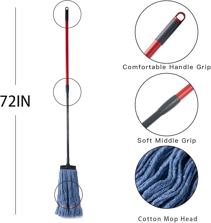 Matthew Commercial&Residential Mop Heavy Duty Industrial Mops with Screw-on Handle(Fit Standard American Screw) Looped-End String Wet Cotton Mops for Home,Office,School - 4 Set&4 Mop Replacements
