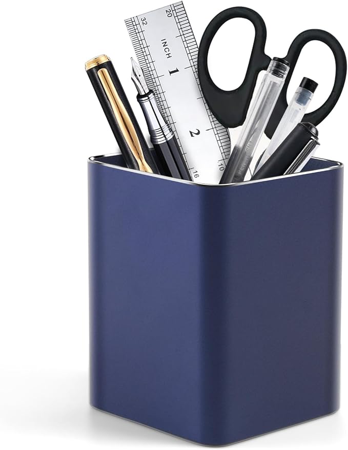 RQB Metal Pen Holder for Desk Square Aluminum Desktop Organizer and Makeup Brush Holder Storage Box for Office, School, Home, and Kids, Non-slip silicone 4×3.15inch (Blue)
