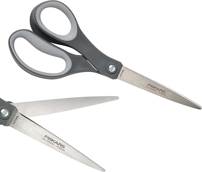 Fiskars 8” Left-Handed Titanium Scissors, SoftGrip Handle for Comfort, Durable Stainless Steel Blades for Home and Office Use