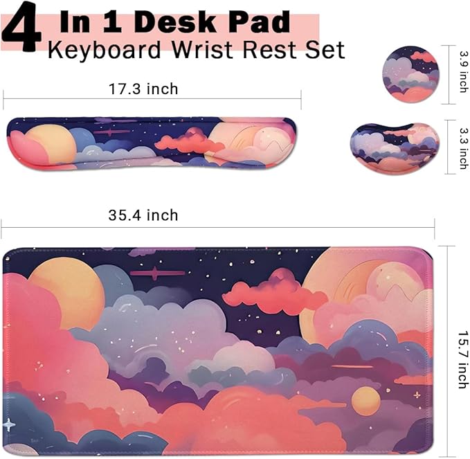 Large Mouse Pad Set, Cute Extended Mouse Pad+Keyboard Wrist Rest Support Desk Pad Memory Foam Ergonomic Easy Typing, 35.4×15.7 in Desk Mat Set for Home Office Study Game - Cloud