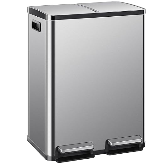 Elevon Kitchen Trash Can with Lid, 2 x 8 Gallon Garbage Can, with Soft-Close Foot Pedal and Removable Inner Bucket, 60 Liter Large Stainless Waste Bin for Bathroom Bedroom Home Office