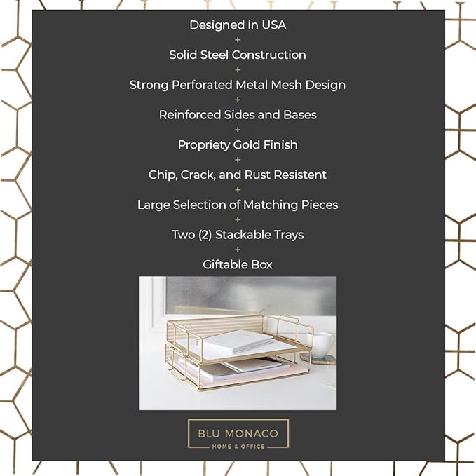 BLU MONACO Gold Mesh Paper Tray – Set of 2 Stackable Letter Trays – Durable Metal Desk Organizer for Home, Office & School – Stylish Document Holder, File Storage, and Workspace Organizer