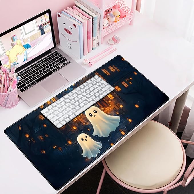 Cute Desk Mat Ghost Cartoon Mouse Pad Haunted House Style Desk Pad, Gaming Mouse Pad XXL Mouse Keyboard Pad Aesthetics Ai Desktop Mat Mouse Pads for Desk Computer Accessory Home Decor 31.5" X 15.7"