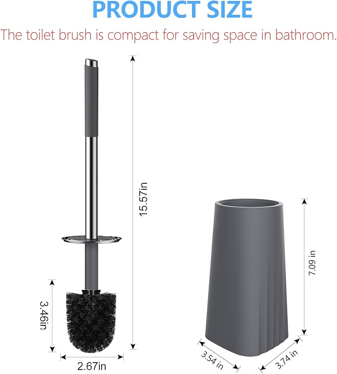 SetSail Toilet Brush, Compact Size Toilet Bowl Brush and Holder Toilet Brushes for Bathroom with Stainless Steel Handle Toilet Cleaner Brush with Durable Scrubbing Bristles, 4 Packs, Gery
