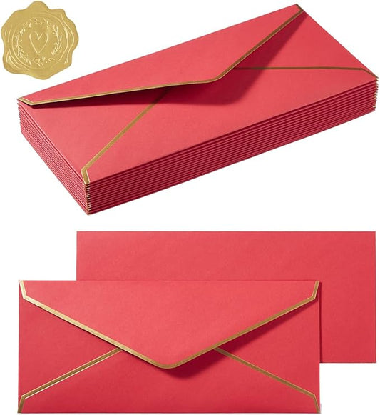 100 Pack #10 Business Envelopes with Gold Border, Self Seal Standard Envelopes with Gold Stickers for Office, Checks, Letter Mailing, Invoices, 4 1/8 x 9 1/2 Inches (Red)