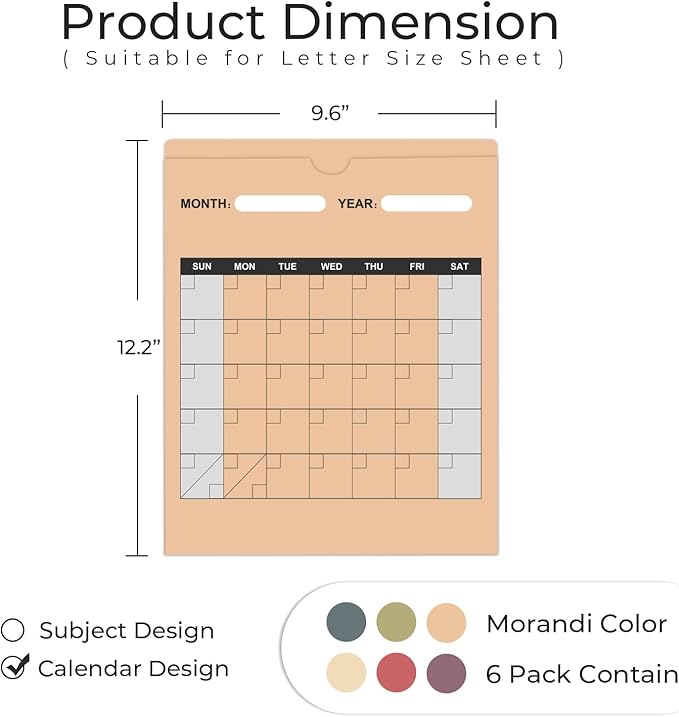 Y YOMA 6 Pack File Folder Jackets Letter Size Paper Pocket File Folder with Reinforced Straight-Cut Tab Pre-Printed Job Folders No Expansion Organizer, Morandi Colors, Vertical Calendar Design