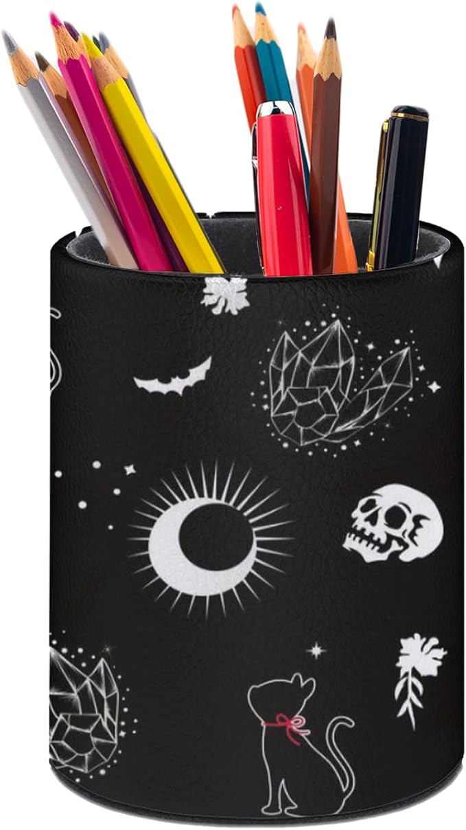 Gothic Skull Cat Moon Pen Holder Pencil Organizer Cute Pencil Cup Desk Decor Makeup Brush Holder PU Multifunctional Office Suppliesfor Home Classroom School