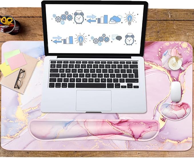 Large Mouse Pad and Keyboard Wrist Rest, Desk Pad for Keyboard and Mouse, 4-in-1 Large Gaming Mouse Pad with Wrist Support, Non-Slip Desk Mat for Home Office Study Game-Pink Marble