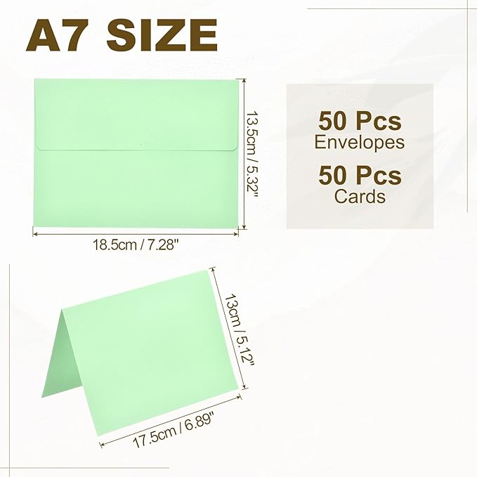 PATIKIL 50Pack Light Green 5x7 Blank Cards and Envelopes, Self Seal A7 Envelopes with Folded Cardstock Small for Greeting Cards Wedding Greeting Birthday Invitations Letter Mailing