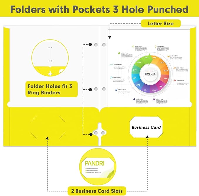 Two Pocket Portfolio Folders, PANDRI 60 Pack 3 Hole Punched 2 Pocket Folders for 3 Ring Binder, Letter Size Paper File Folder for School Office Home Business, Yellow