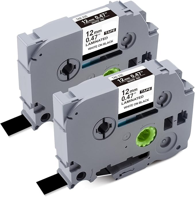 Tze-335 TZe335 Work for Brother P Touch 1/2" White on Black Label Maker Tape Compatible with Brother P Touch TZ TZe Tape 12mm 0.47 Laminated Black with P-Touch PT-H110 PT-D210 PT-D400 PT-D600,2-Pack