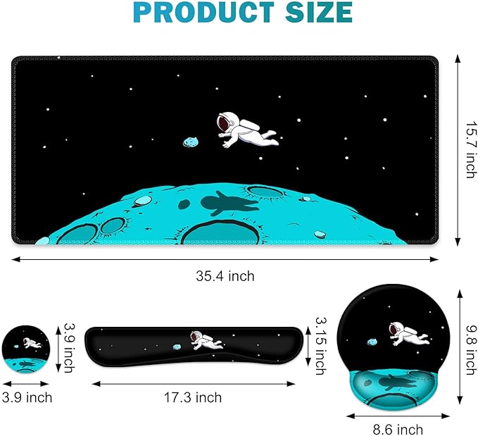 Gaming Mouse Pad, Large Desk Mat, Cute Desk Pad Protector, 4in1 XXL Mousepad + Keyboard Wrist Rest+Mouse Wrist Rest+Coaster Set with Ergonomic Desk Pad for Home Office PC Computer, Cool Space Alien