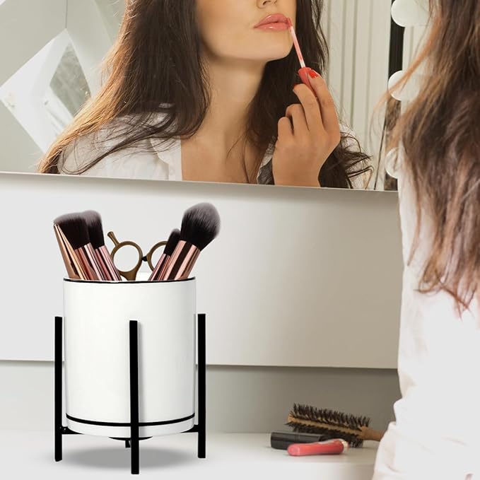 Ceramic Pencil Cup for Desk, White and Black Pen Holder for Desk, Desktop Makeup Brush Holder, Black Ceramic Pencil Holder