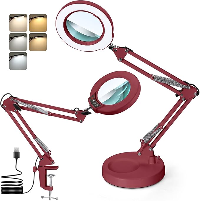 10X Magnifying Glass with Light and Stand, Real Glass Lens Desk Lamp, Lighted Magnifier with Light Stepless Dimming Hands Free for Craft, Reading, Painting, Sewing, Solder - Red