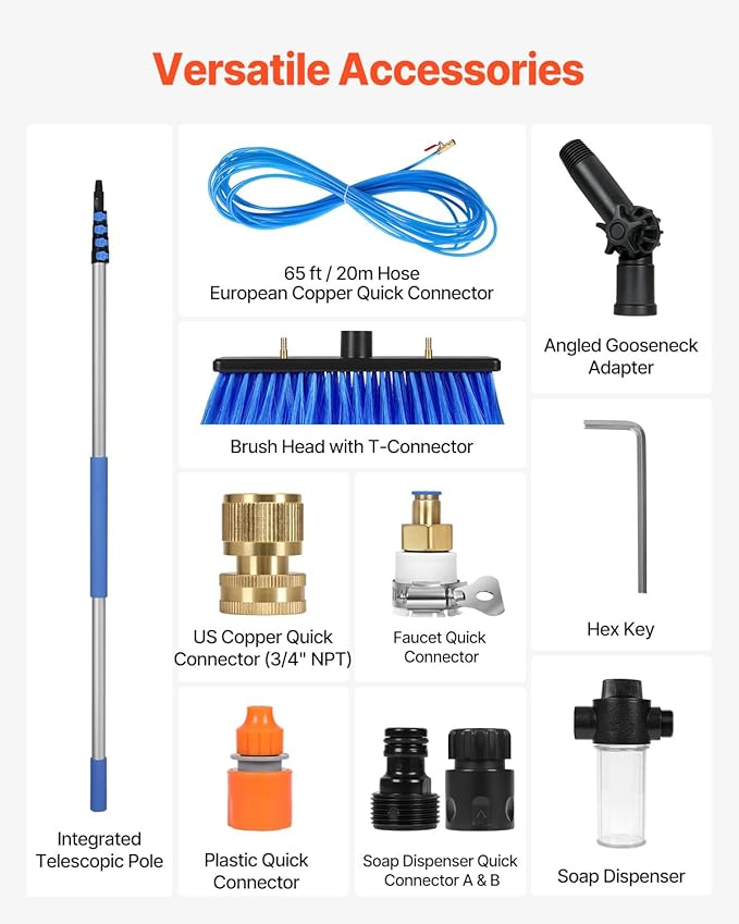 VEVOR Water Fed Pole Kit, 24FT Solar Panel Cleaning Pole with Extendable Handle, 180° Rotatable Brush Head & 65.6FT Hose, Household & Outdoor Window Cleaner Tool for Caravan Solar Panel Deck