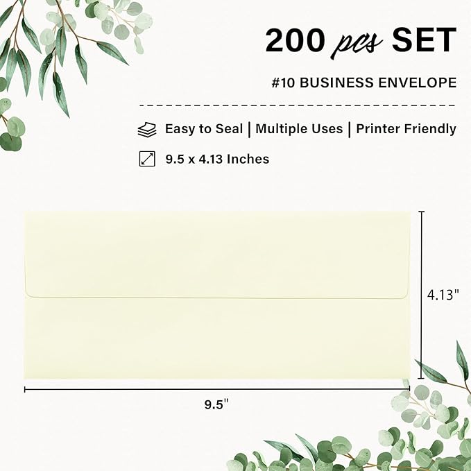 200 Pack #10 Business Envelopes, Self Seal Standard Ivory Envelopes for Secure Business & Legal Mailing, Office, Checks, Letter, Invoices, 4 1/8 x 9 1/2 Inches