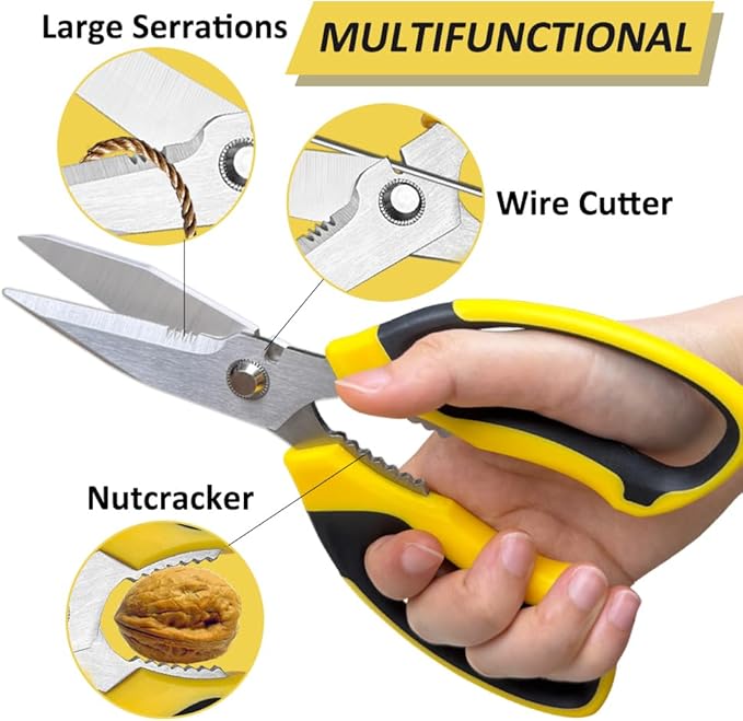 Heavy Duty Scissors, Sharp Scissors All Purpose Heavy Duty with Serrated Edge, Comfortable Non-Slip Handle, Easy Cutting Cardboard, Wires, Fabric, Leather, Iron Mesh (Yellow)