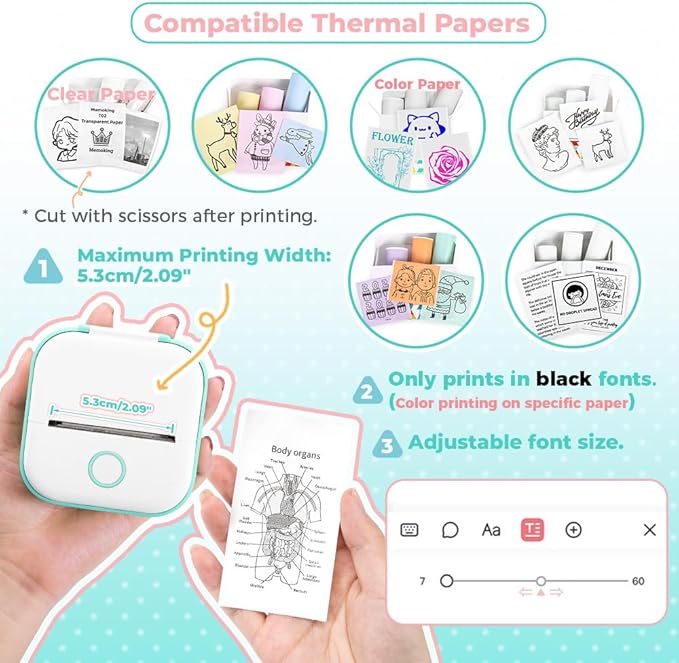 Memoking Sticker Printer - Mini Thermal Sticker Printer, T02 Inkless Pocket Label Maker, Bluetooth Portable Photo Printer, Instant Print Perfect for Students School Supplies,Flashcards, Journals