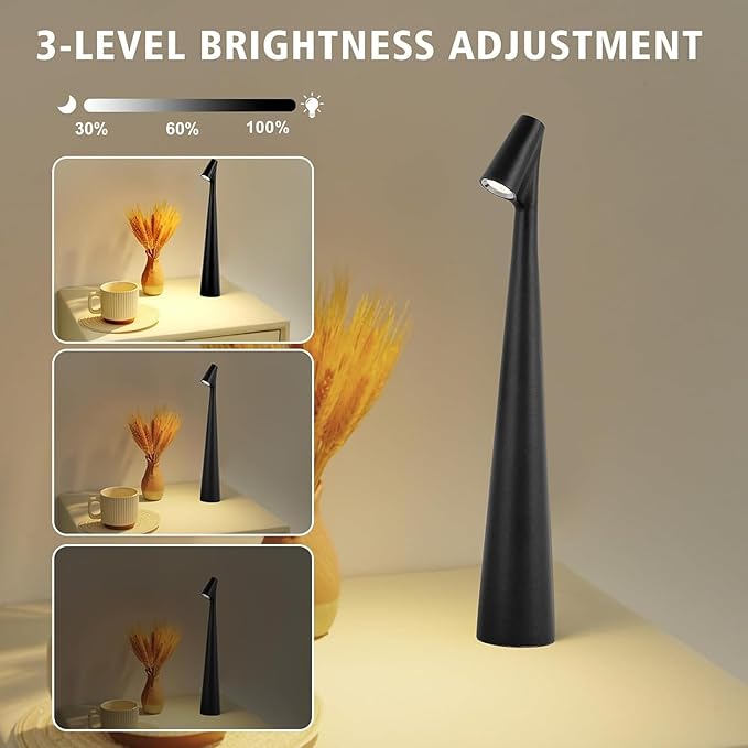 Cordless Small Table Lamps,3 Levels Brightness Portable Desk Lamp,Rechargeable Battery Lights for Outdoor, Restaurant, Bedside, Baby Night Light,Gifts(Black)