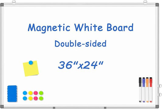 WALGLASS Magnetic White Board, 36" x 24" Double-Sides Dry Erase White Board for Wall, Hanging or Mounted Whiteboard, Horizontal or Vertical, Silver Aluminium Frame, Home, School, Office, Kitchen