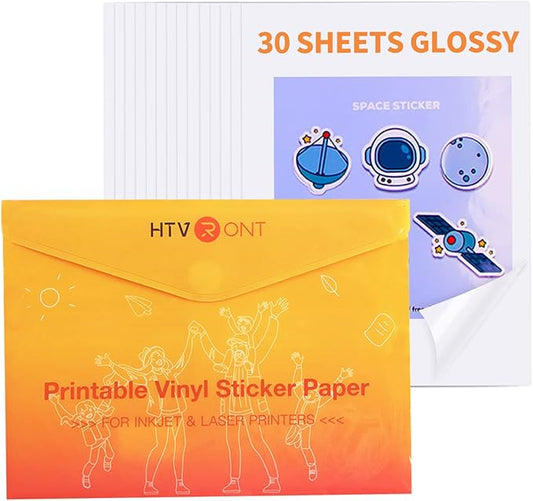 HTVRONT Printable Vinyl Sticker Paper - 30 Sheets Glossy Waterproof Sticker Paper for Inkjet Printer & Laser Printer, Dries Quickly & Tear Resistant 8.5"x11"