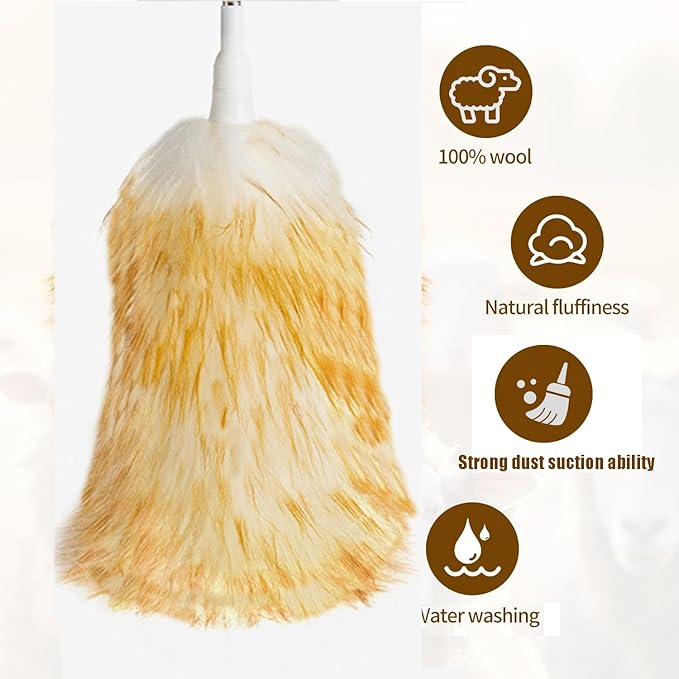 Lambswool Feather Duster with Extension Pole up to 85inch,Extendable Feather Duster Used for Cleaning High Ceiling Fan, High Ceilings,Furniture,Hard to Reach Areas