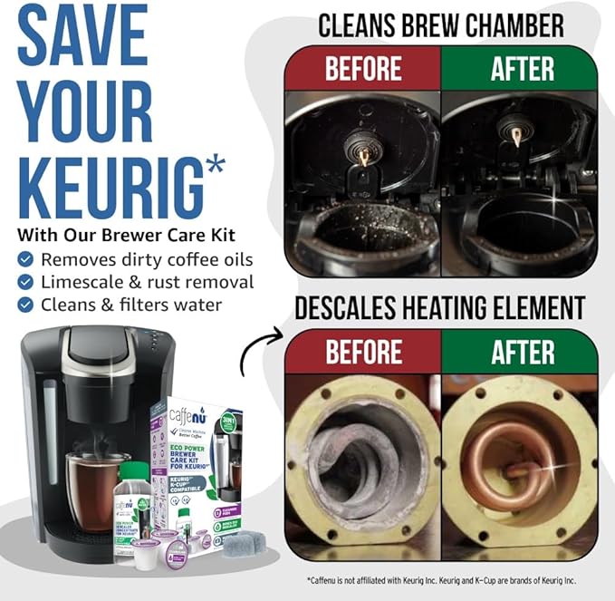 Caffenu Keurig Compatible Descaling Solution Cleaner and Descaler Kit. 2 Uses Descaling Solution, 3 Cleaning Pods and 2 Filter Replacement. 3 Months Maintenance Kit. For Keurig 1.0 & 2.0
