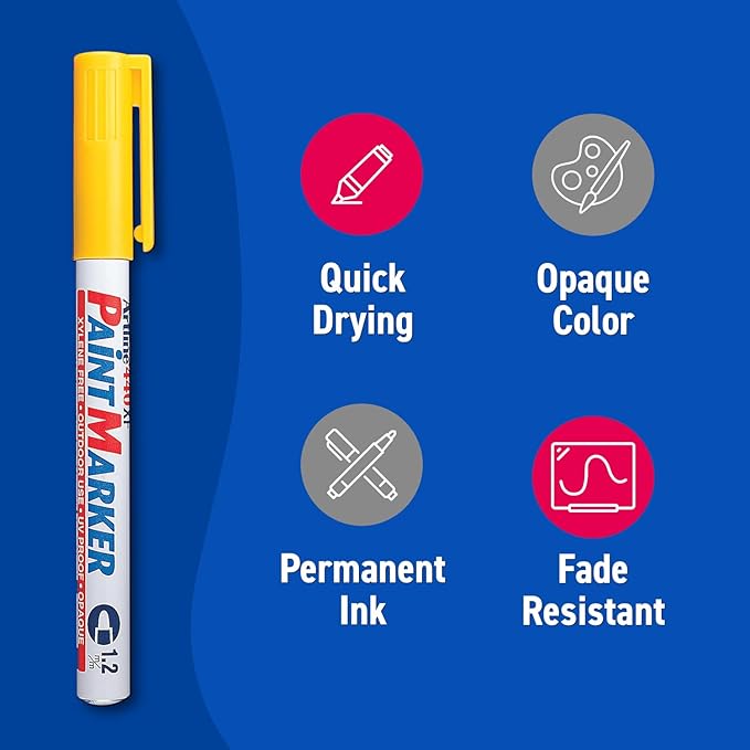 Artline 440XF Paint Markers for Wood, Plastic, and Canvas, Waterproof Marker for Indoor/Outdoor Applications, Opaque Coloring Markers with 1.2mm Bullet Tip - Yellow, 12 Pack